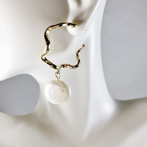 Wavy Pearl Drop Statement Earrings - Picture 2 of 6